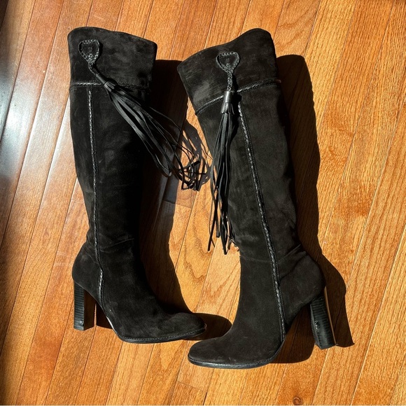 Vintage Nine West Black Suede Knee-High Boots with Fringe festival size 8 - Picture 1 of 12